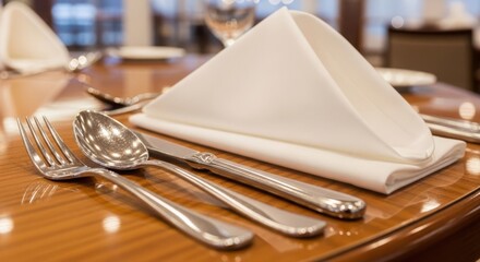 Restaurant setting with silverware and napkin on wooden table for upscale dining. Restaurant table setting details include shiny cutlery, white folded cloth napkin, and a polished wood surface.