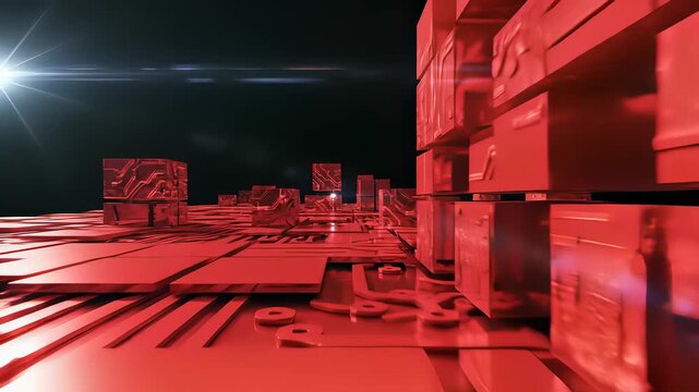 Container ships illuminated by bright lights, surrounded by red boxes forming futuristic cityscapes, emphasizing technological innovation and global connectivity, perfect for visualizing data.