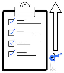 Large clipboard with a checklist of completed tasks, an upward arrow symbolizing achievement, and a small figure holding a globe. Ideal for productivity, strategy, success, goal setting
