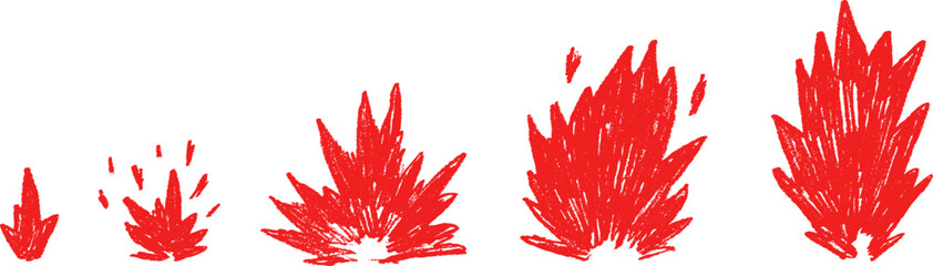 Explosion, fire flame or burning campfire in cartoon child style from pencil, brush or crayon. Set hand drawn doodle elements different shapes. Groovy naive vector illustration. © vvvisual