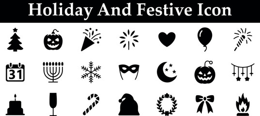 Holiday and festive icon set featuring a christmas tree, pumpkin, confetti, firework, heart, balloon, sparkler, calendar, menorah, snowflake, mask, cake, and more on transparent background
