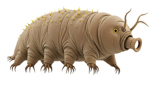Detailed microscopic view of a tardigrade water bear with yellow spines and claws isolated on a transparent background