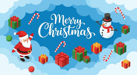 Merry Christmas holiday banner design with isometric Santa Claus, snowman, and gift boxes floating among the clouds