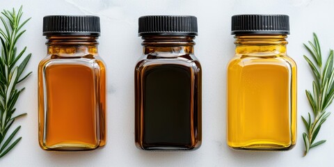 Three amber glass dropper bottles with dark liquid and herbs on a light surface
