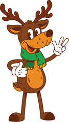 Groovy funky Christmas reindeer character in green scarf. Cartoon vector mascot with psychedelic antlers and vintage comic 70s vibe for merry winter celebration