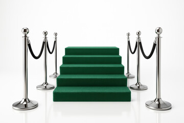 Green carpet stairs podium with stanchions for awards