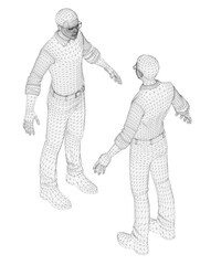 Stylized African male wearing glasses poses while talking to a woman in a 3D wireframe illustration against a white background.