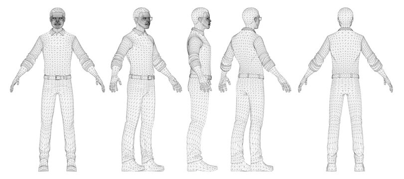 Stylized African male in suit and tie with glasses, posing as a detailed 3D wireframe model on white background.