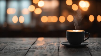 Steaming hot black coffee cup with latte art sits on rustic wooden table against bokeh lights