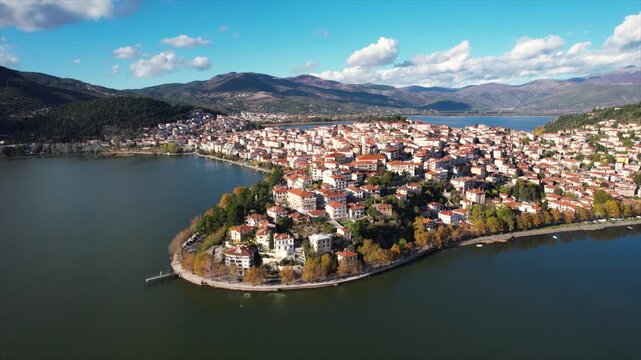 Kastoria Aerial Panoramic View And Orestiada Lake, Greece Countryside City Natural Park, Travel Destination