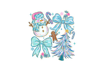 Watercolor Pastel Blue Christmas Doodle Set with Snowman, Tree, and Bows Illustration Sublimation Design