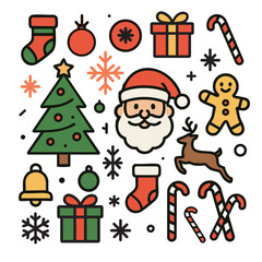 Christmas Vector Template Single Page Layout Minimal Tree Santa Gifts Ornaments Easy to Trace