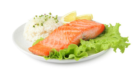 Piece of tasty grilled salmon, lemon, lettuce, rice and microgreens isolated on white