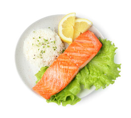 Piece of tasty grilled salmon, lemon, lettuce, rice and microgreens isolated on white, top view