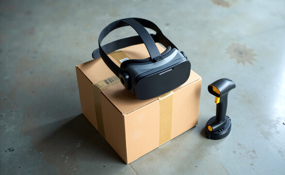 VR headset resting on cardboard box beside barcode scanner on concrete floor, symbolizing warehouse technology and logistics innovation - Powered by Adobe