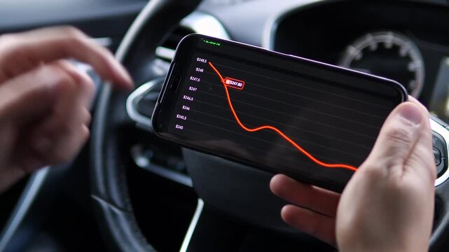 An investors hands study a downward-trending graph on a mobile device, symbolizing market analysis during challenging conditions. This clip is perfect for content about financial risk management and