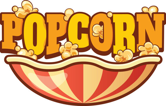 Takeaway popcorn salty meal icon or patch. Movie fluffy snack icon, party crunchy meal vector emblem. Fast food sweet sweetcorn label or salty dessert badge with bowl of popcorn and orange typography