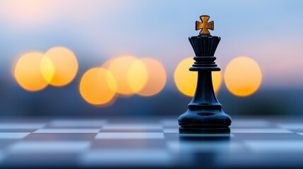 Black chess king piece stands on board with dramatic orange bokeh lights background at dusk