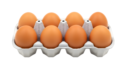 Eight brown chicken eggs in a white cardboard carton isolated on a transparent background brown eggs 1