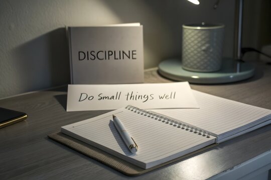 Clean desk scene with notebook titled Discipline and pen