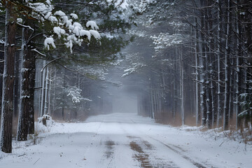 Snowy road winds through a dense forest, illuminated by soft light and a hazy atmosphere during winter.