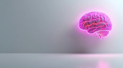 Glowing pink neon outline of a human brain floats against a minimalist light gray studio background