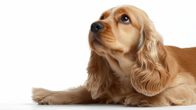 Cute cocker spaniel looks up with curious expression in bright setting