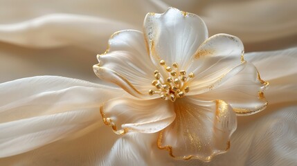 Elegant Ivory Flower Adorned with Gold Glitter on Sheer Fabric, CloseUp Beauty