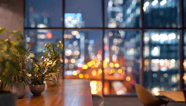 Modern office space at night. Blurred view of city lights outside large windows. Interior with plants, furniture. Abstract design. Nighttime urban vibe. Blending of indoor, outdoor elements. Working