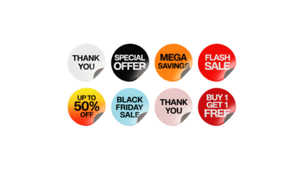 Eight sale stickers with different offers like thank you, flash sale and black friday on black background