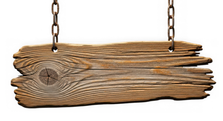 Old weathered wooden sign hanging from rusty chains isolated on transparent background, perfect for rustic or vintage themed designs
