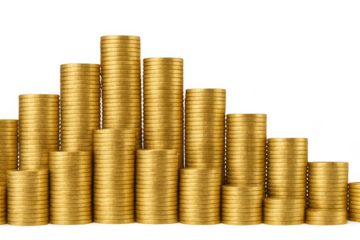 Stacked increasing gold coins financial graph on transparent background