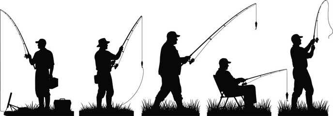 Silhouettes of five people fishing in various outdoor poses with rods, tackle, and grassy ground in natural recreational setting