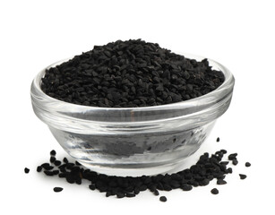 Black cumin seeds in bowl isolated on white