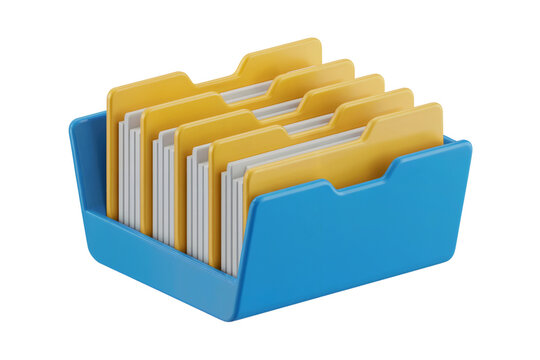 3d illustration icon of organized folders in blue tray for data archive . Isolated on transparent background, png