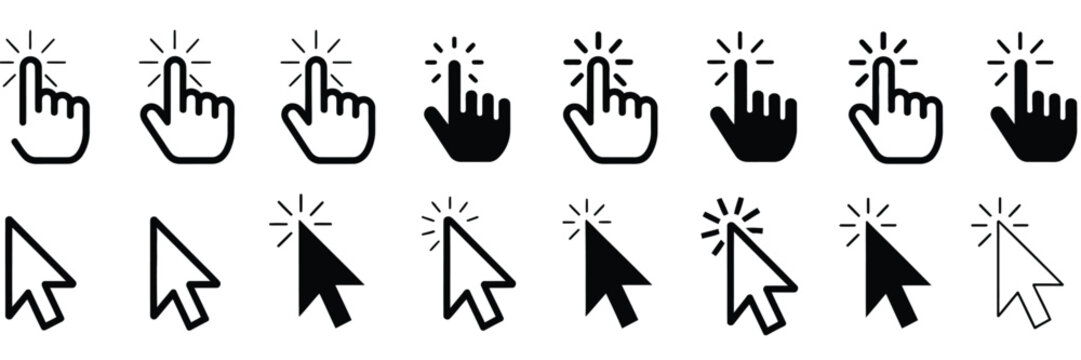 Arrow and hand pointer cursor icon set featuring computer mouse click symbols, vector illustration