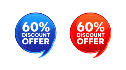 Two discount offer icons with sixty percent off in blue and red on a black background