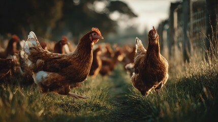 Fototapeta premium Chickens running freely in a lush green field during golden hour sunlight