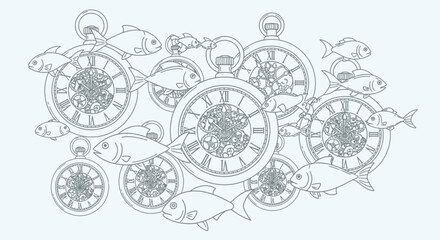 Whimsical fish swim through intricate pocket watch gears, a surreal blend of time and nature for imaginative projects.