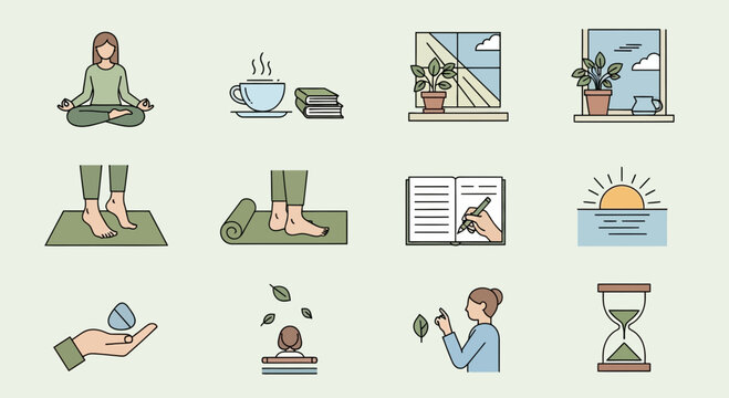 Discover serene moments for self-care, mindfulness, and personal growth with these calming icons designed for wellness.
