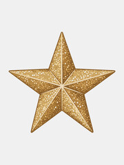 Isolated golden Christmas star decoration with glitter on a white background for a festive holiday celebration