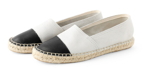 Pair of stylish espadrille shoes isolated on white