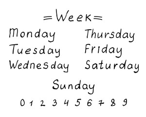 Days of the week, numbers. Handwritten, doodle style. Calendar, diary. Hand-drawn illustration.