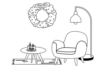 Outline interior with armchair wreath lamp and table