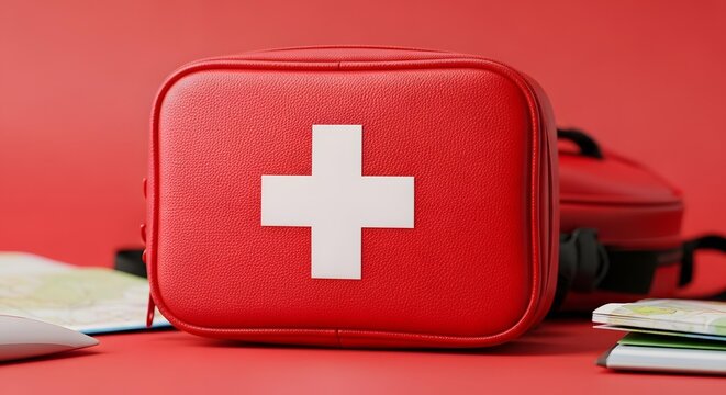 Red first aid kit with white cross on red background