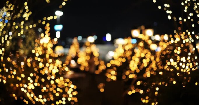 Bokeh background effect from Christmas tree string lights at a market. Blurry wide angle view, shallow depth of field, no people