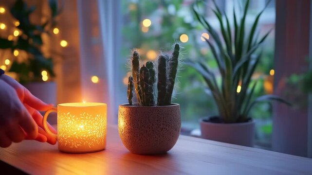 A hand interacts with a lit candle next to cacti and other plants by a window
