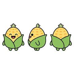 Cute Yellow Corn on the Cob with Green Husks Character Vector Illustration in Three Views for Food and Harvest
