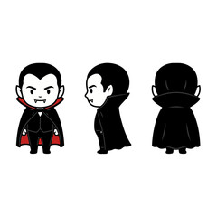 Spooky Vampire Man Character in Black Cape Vector Illustration in Three Views for Halloween and Horror Concepts