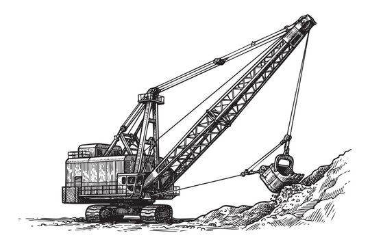 Dragline Excavator activity, engraving vector style